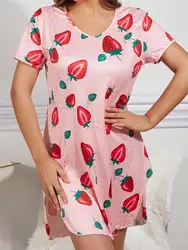 Strawberry Print Pink Nightdress Short Sleeve V-Neck Loose Fit Sleep Dress Women's Sleepwear & Dresses Pajamas Loungewear 2024