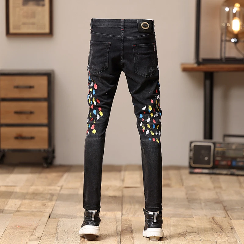 

2024 New Black Jeans Men's Fashion Tight Personality Patch Design Handsome High Street Fashion Casual Motorcycle Trousers