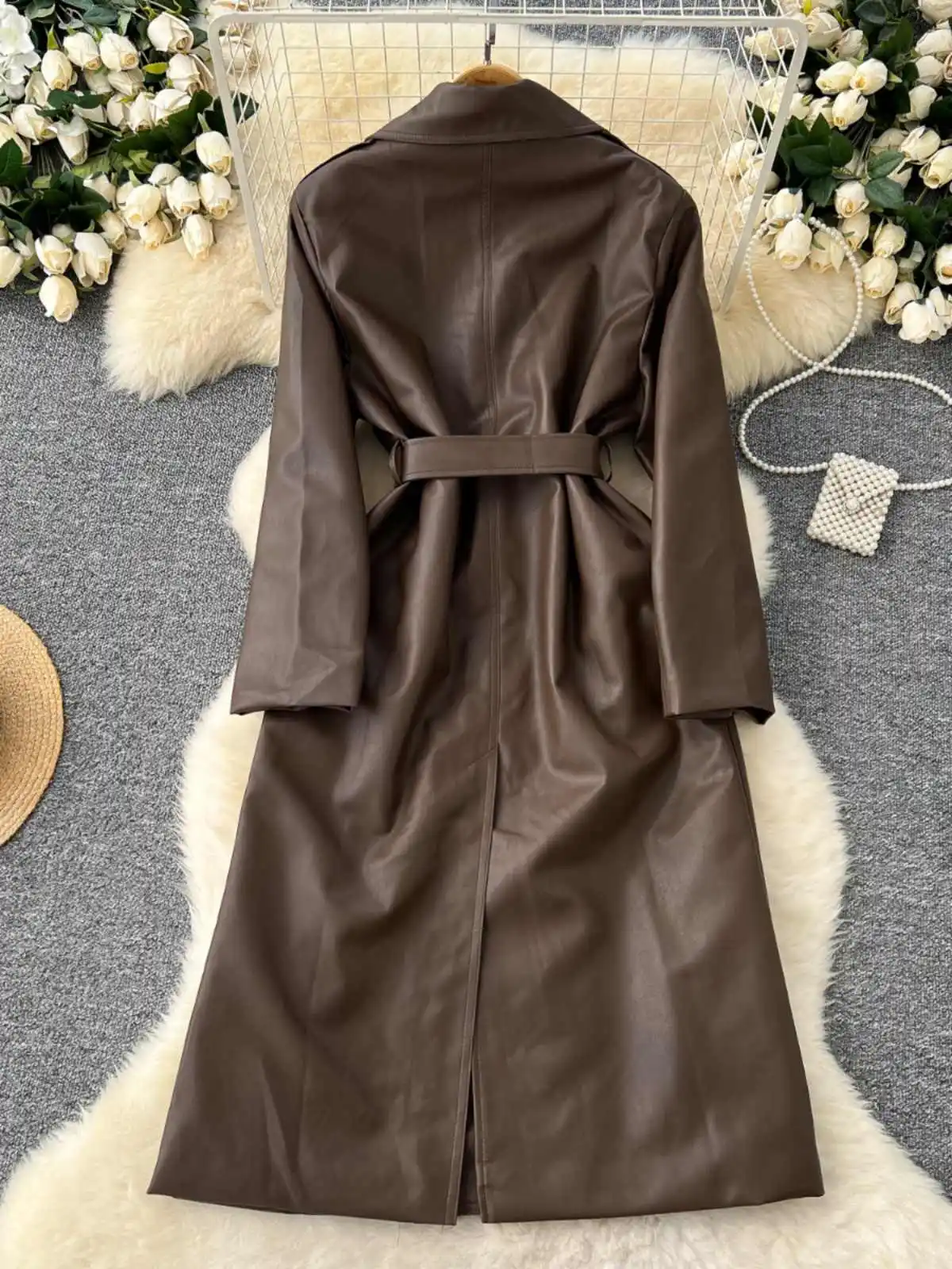 Vintage Leather Trench Coat Women Autumn New Double Breasted Turn-down Collar Long Coats Solid Color Lady Overcoat Streetwear