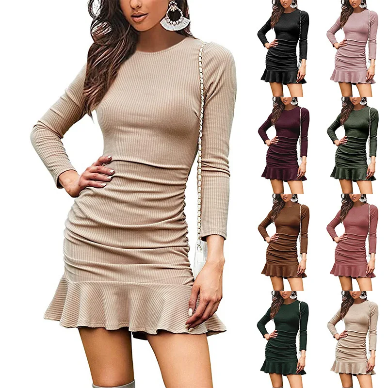 Autumn New Women's Sexy Mini Short Dress Knitted Long-sleeved Round Neck High Waist Pleated Tight Temperament Commuter Dress