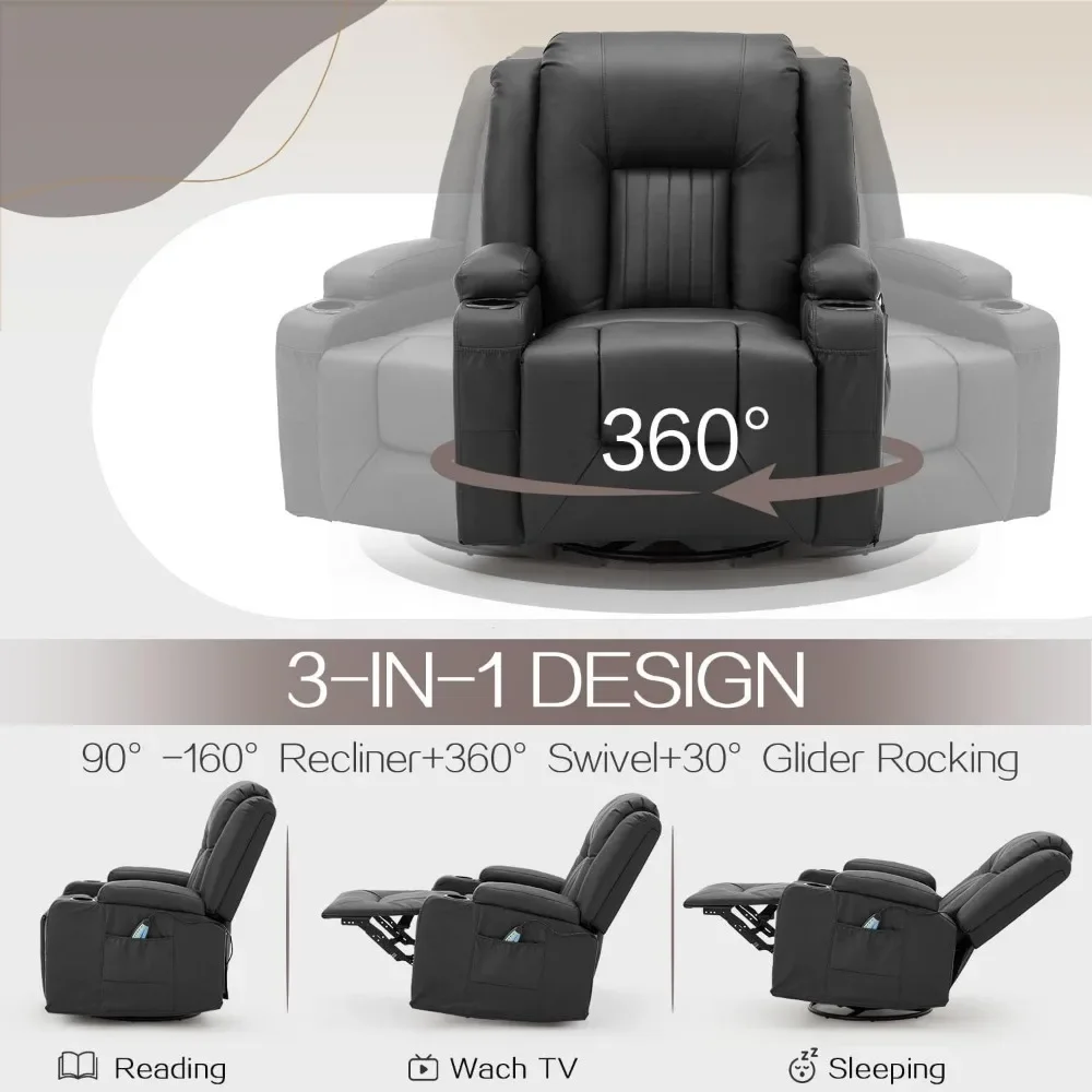 Massage Manual Recliner Chair with Heat, Leather Rocking Recliner Swivel Recliners Lazy Boy Recliner Chair w/ 2Side Pockages