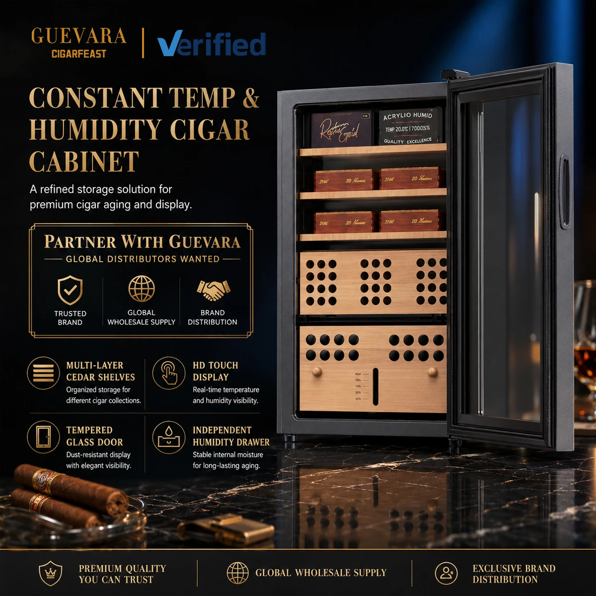 Constant Temperature Humidity Cigar Humidor Cabinet, Spanish Cedar Shelves, Touch Screen Electric Storage Cabinet For Gift