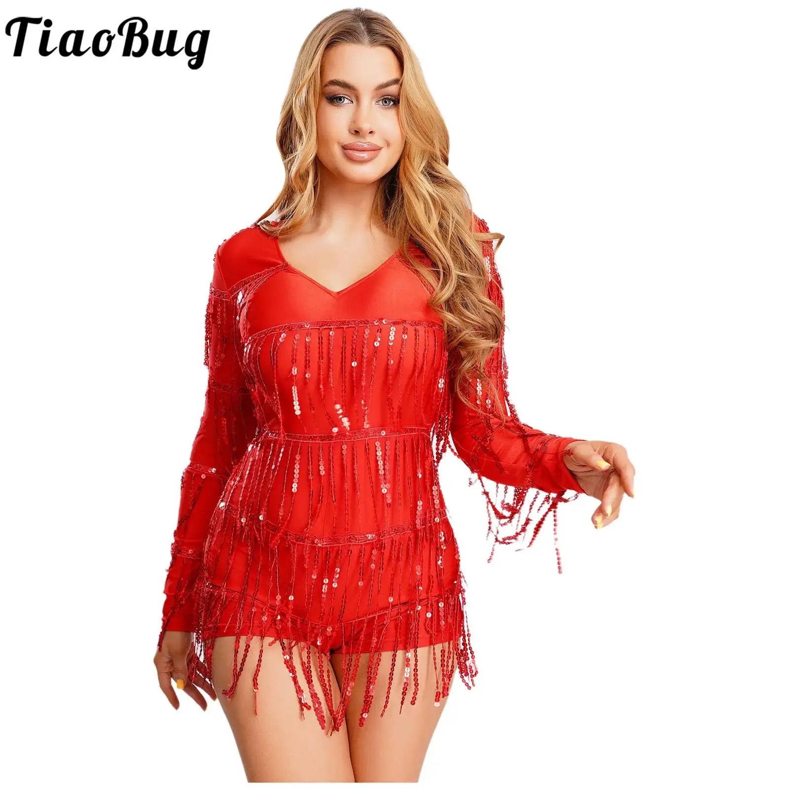 Mulheres brilhantes franja bodysuits para jazz latino cha-cha samba rumba tango vestidos de dança com decote em v manga longa em camadas borla macacão