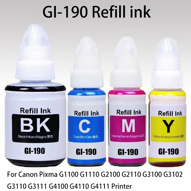 Tinta de recarga GI-190 para Canon gi 190 para impresoras Canon PIXMA G1100 G1110 G2100 G2110 G3100 G3102 G3110 G3111 G4100 G4110 G4111