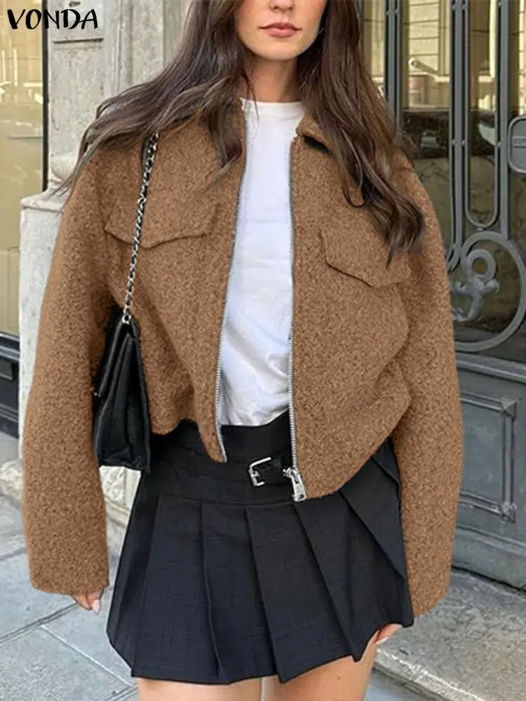 プラスサイズ 5XL VONDA 冬の女性のジャケット長袖ラペルストリートコート秋のファッションポケット固体ジッパーカジュアルアウターコート