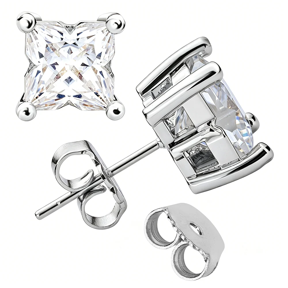Princess Cut VVS Moissanite Stud Earrings Real 925 Sterling Silver Four Prong Square Solitaire Earring For Women Men Wedding Fin