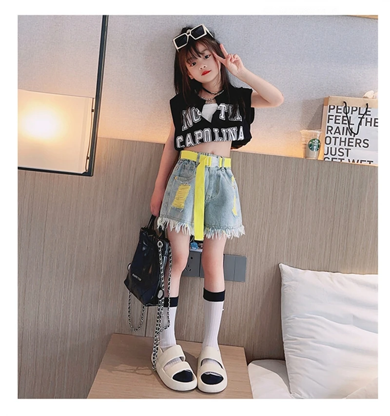 Girls Denim Shorts for Kids Fashion Summer High Waist Pink Yellow Color Ripped Shorts with Free Belt 4 5 6 7 8 9 11 12 13 14Year