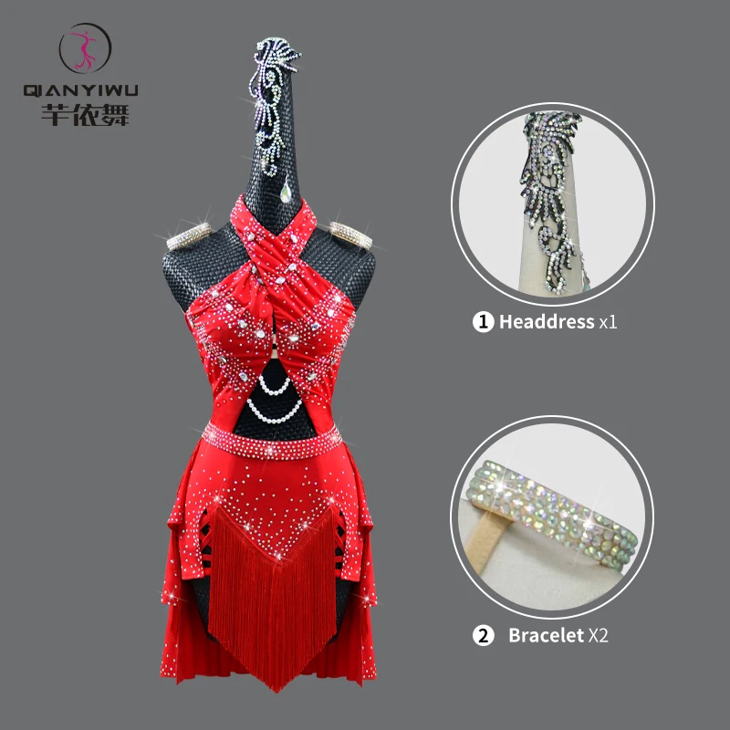 2026Red Latin Dance Clothes Line Costume Sexy Party Dress Competition Sports Suit Midi Ball Prom Stage Outfit Girl Skirt Parties