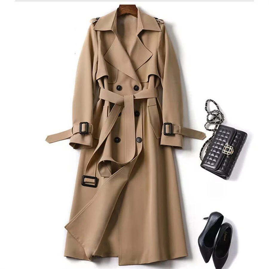 Elegante giacca a vento doppio petto con fascia Trench da donna autunnale Moda Streetwear Office Lady Capispalla lungo scozzese britannico