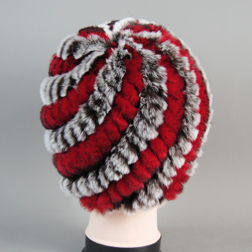 Knitted Good Elastic 100% Natural Rex Rabbit Fur Beanies Hats Lady Winter Warm Real Rex Rabbit Fur Cap Knit Striped Real Fur Hat image 3