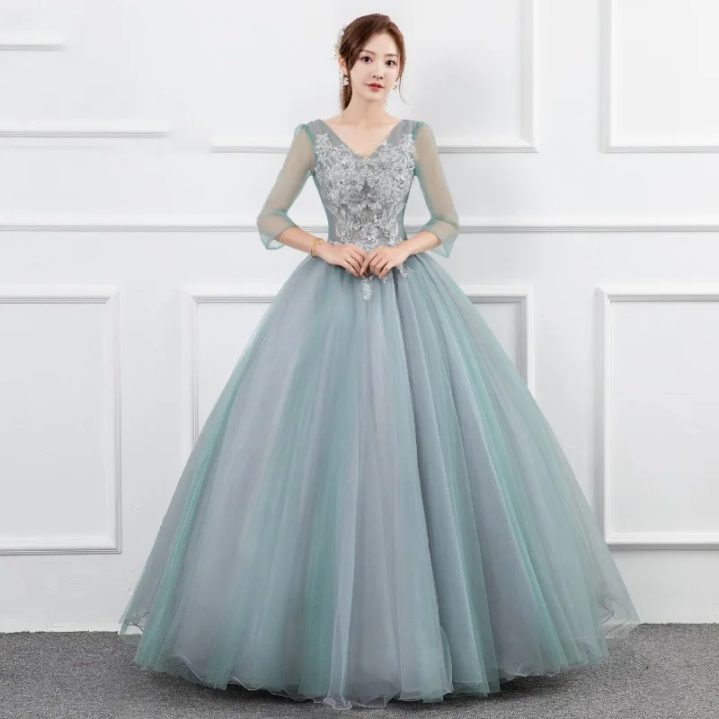 Sukienka wieczorowa damska z dekoltem w serek, haftowana, z siateczki, modna, dopasowana, z paskiem na plecach, elegancka, na roczne spotkanie, z bufiastą spódnicą, 2026.