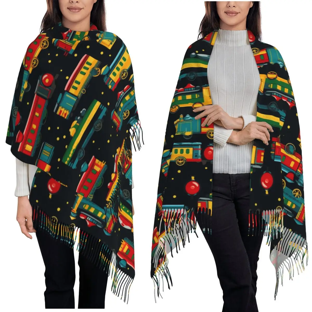 Cartoon Train Models Display Design Scarf Tassel Scarves Women Soft Warm Shawls and Wraps Long Fall Winter Shawl Wrap