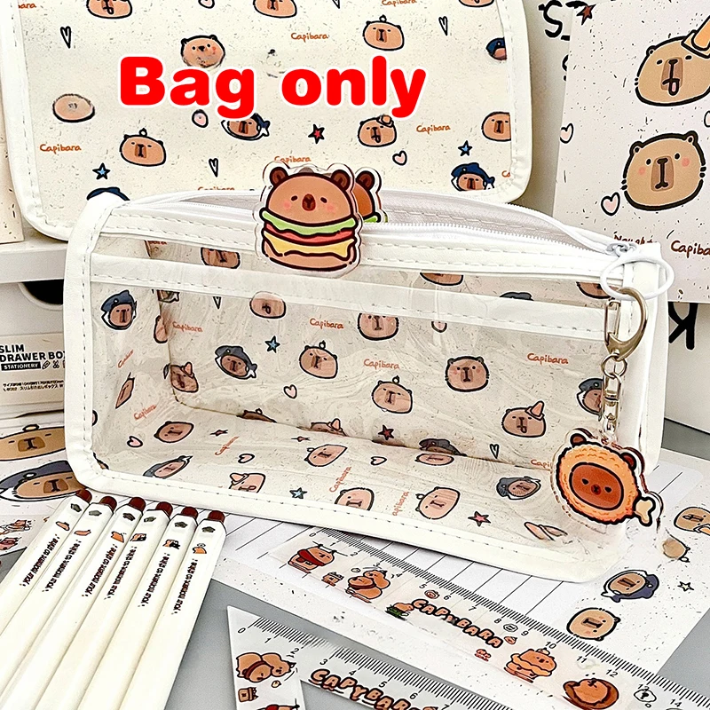 Cartoon Translucent Pencil Case Multi-layer Vertical Large-capacity Stationery Storage School Supply Cosmetic Bag