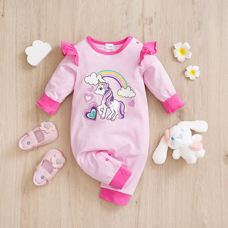 Wiosenne i jesienne ubrania długie rękawy i okrągły kołnierzyk latający rękaw nadruk z jednorożcem bawełniany Newborn girls Fashion romper