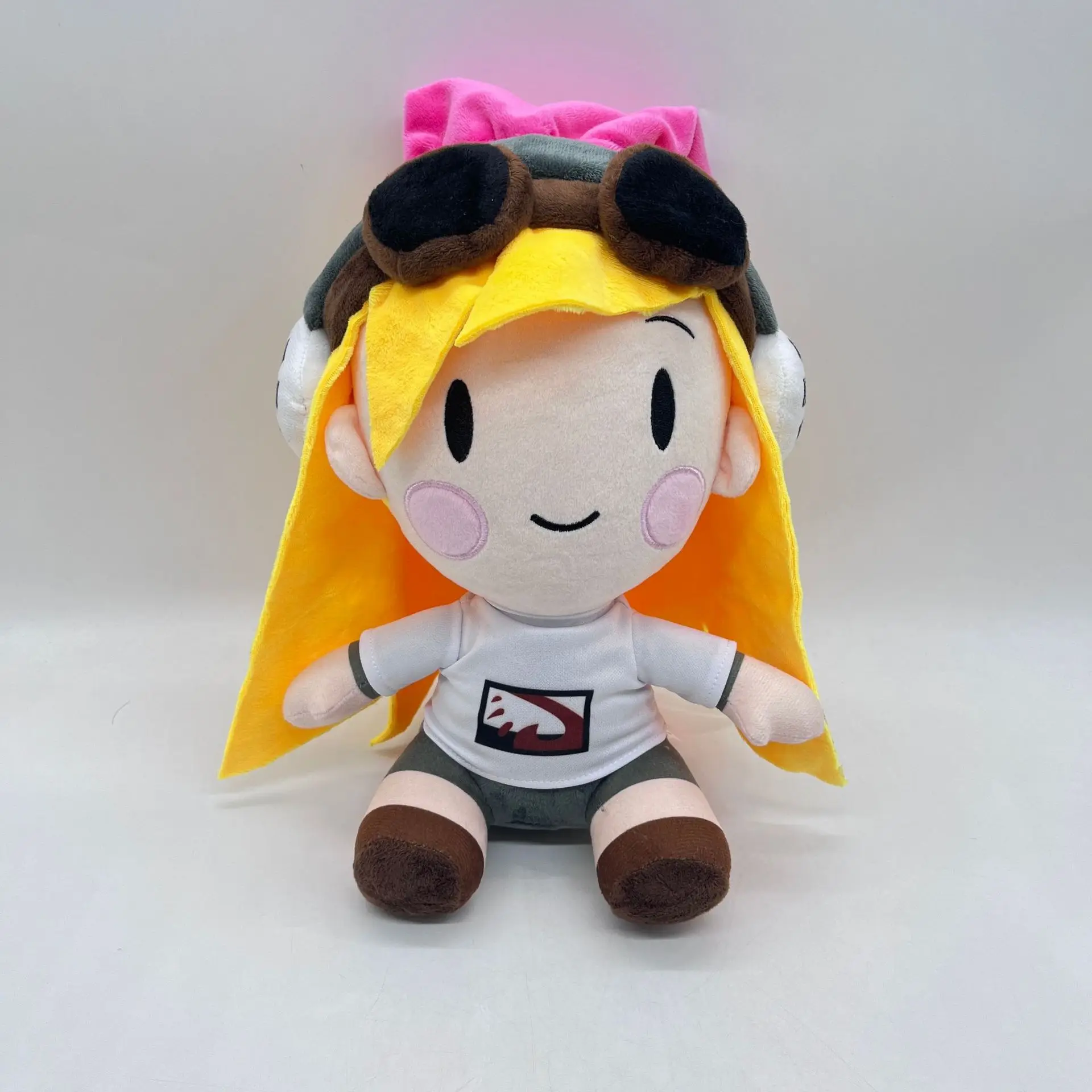 Yellow haired little girl wearing headphones, plush toy, creative design, cute and fun, soothing and accompanying