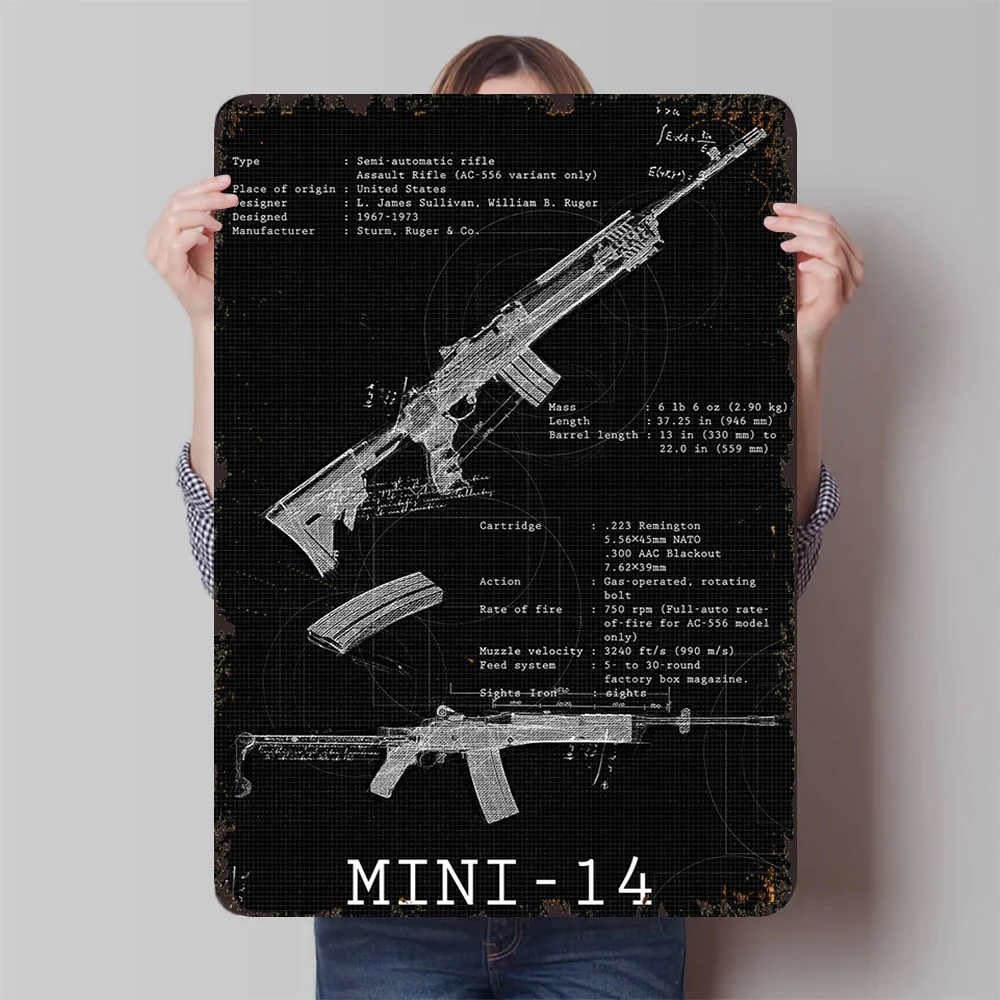 Pintura de hierro decorativa para el hogar, arte de pared de Metal con plano de Rifle Ruger Mini-14 de estilo militar Vintage