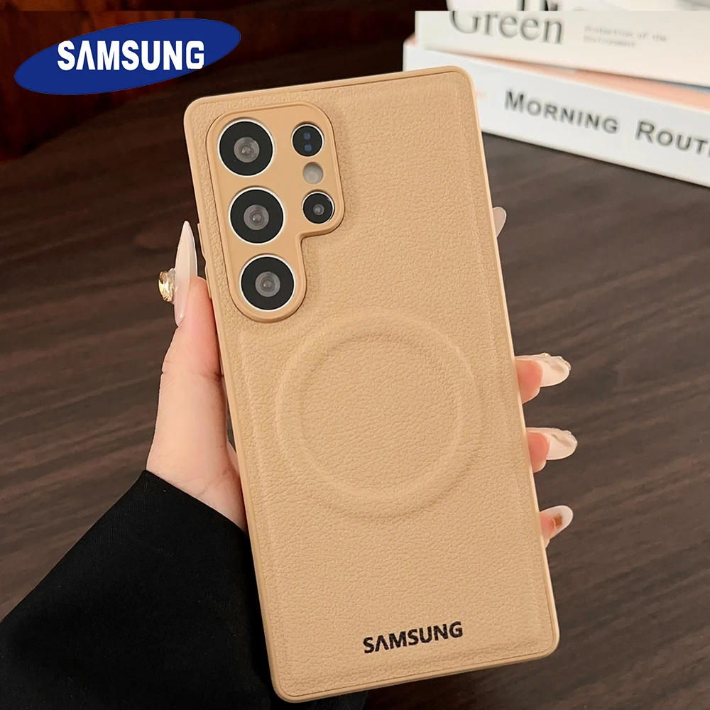 

Original Magnetic Wireless Charging Solid Color Leather Soft Phone Case For Samsung S22 S23 S24 S25 Ultra Plus Camera Protection