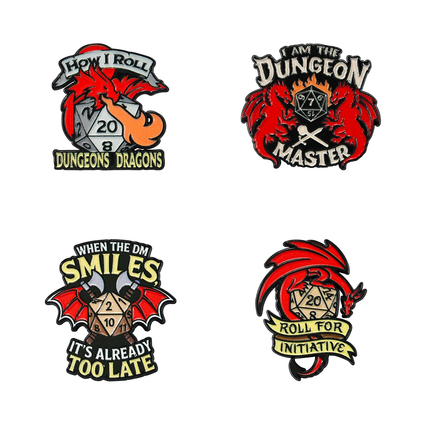 4Pcs RPG Game Enamel Pin Collection, Dragon D20 Dice Dungeon Master Brooch, Gothic Fantasy Lapel Badge for Men Women Gift