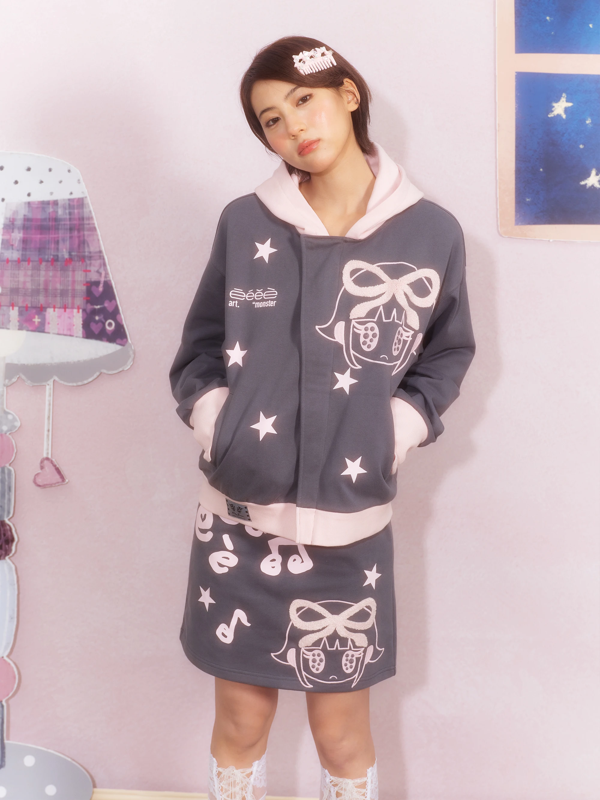 Y2K Color Block Hoodie Towel Embroidery A-Line Skirt Set with Star Knot Women's Fashion Ensemble Autumn Spring Wear