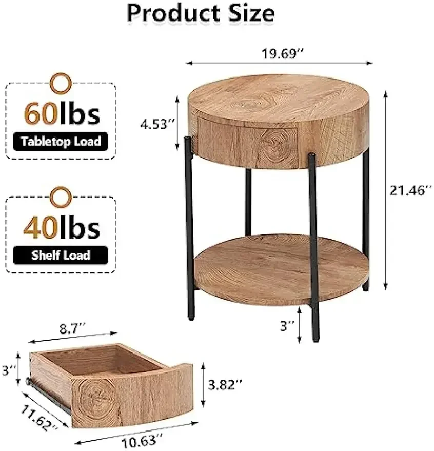 引き出し付きラウンドテーブル,木製サイドテーブル,農家用サークルテーブル,アクセント付きベッドサイドテーブル,金属フレーム,小さなナイトスタンド