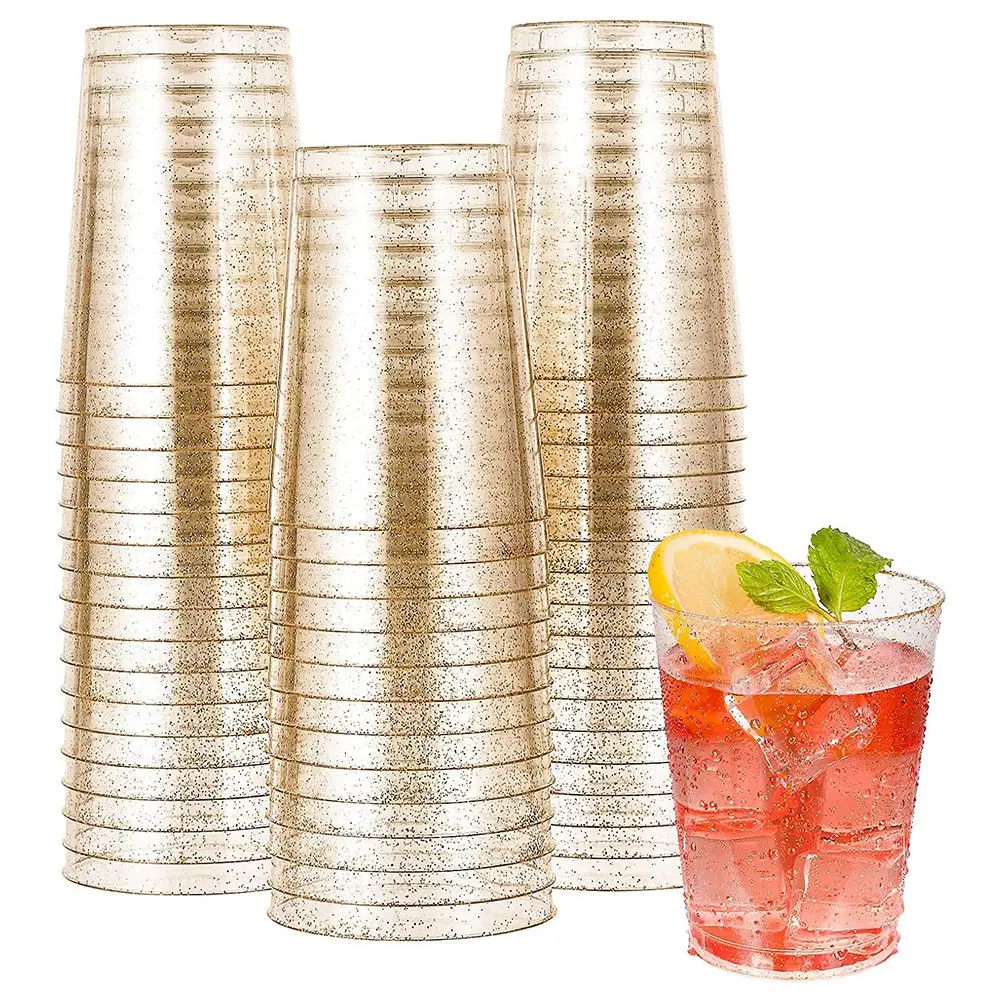 Gold Plastic Cups Disposable Gold Glitter Plastic Wine Glasses Clear Plastic Cups Tumblers Christmas Party Cups