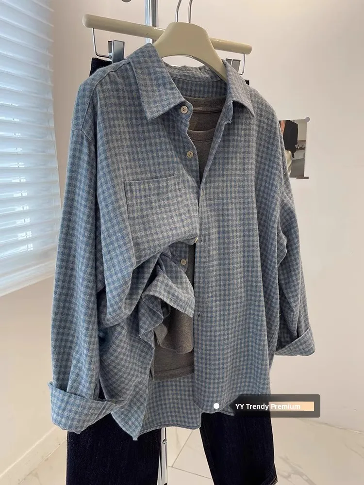 

Ретро-рубашка-куртка в синюю клетку с эффектом потертости, женская, весенняя, утепленная, свободного кроя, повседневная верхняя одежда, модный многослойный топ