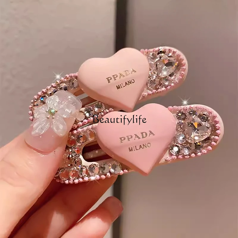 

Pink Girl Rhinestone Sweet Letter Barrettes Full Diamond High Sense Heavy Industry Side Clip