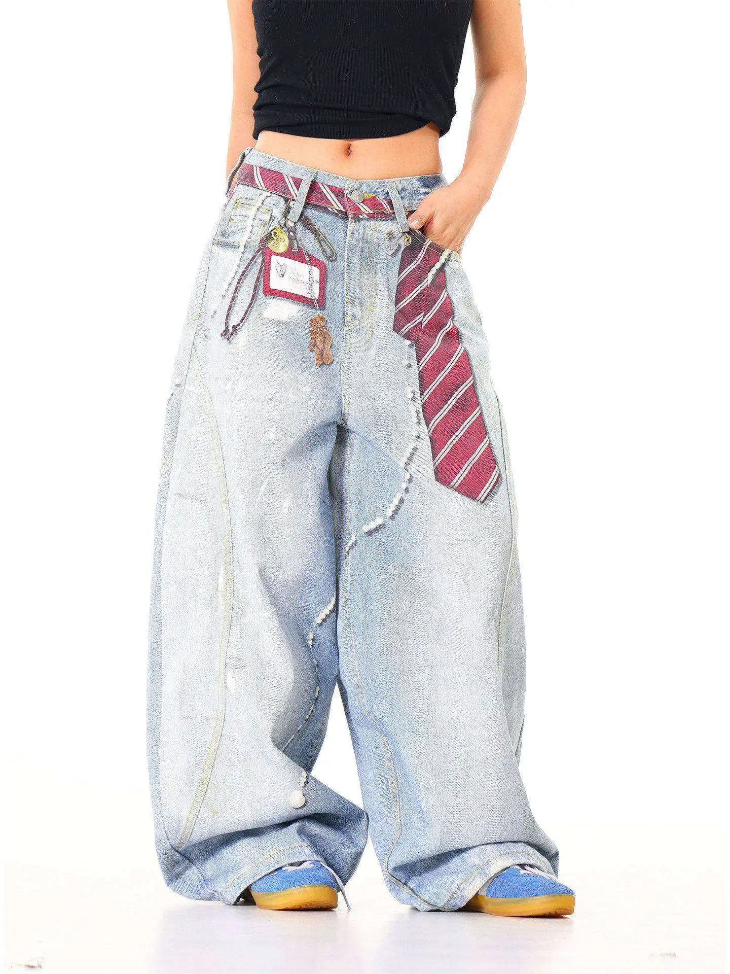 

Light Blue American Sle High Waist Wide Leg Jeans Women's Autumn Winter New Loose Fit Printed Denim Trousers Trendy