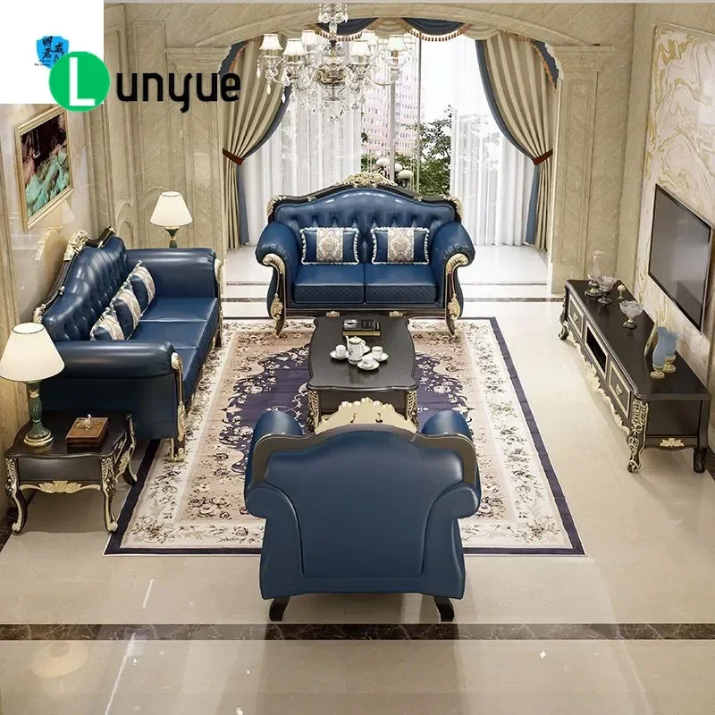 European American Style Leather Sofa Set First Layer Cowhide Solid Wood 123 Straight Row Living Room Furniture for Small