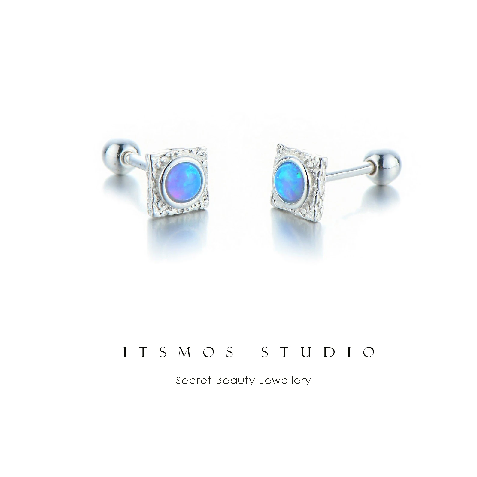 ITSMOS S925 Silver Square Geometric Stud Earrings Korean Synthetic Opal Petite Thread Piercing Stud Earrings for Women