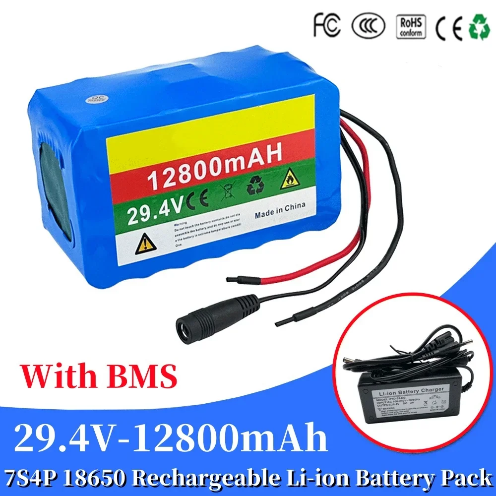 

7S4P 29.4V 12800mah 18650 Lithium Ion Battery Pack Large Capacity Built-in BMS with Charger