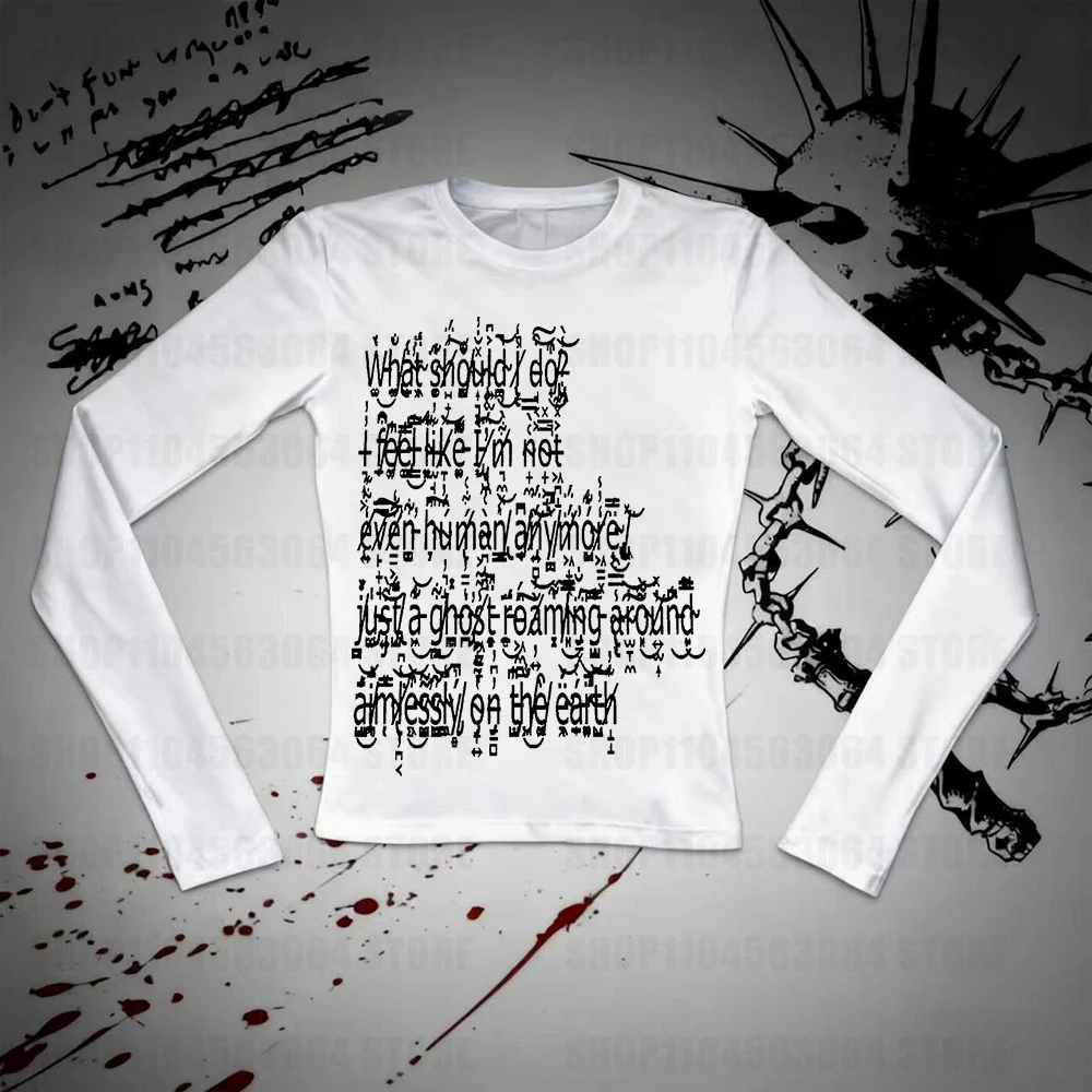 Y2k estilo estético streetwear feminino casual gótico fonte de lixo impresso manga comprida camiseta retro 2000s corte topo retro