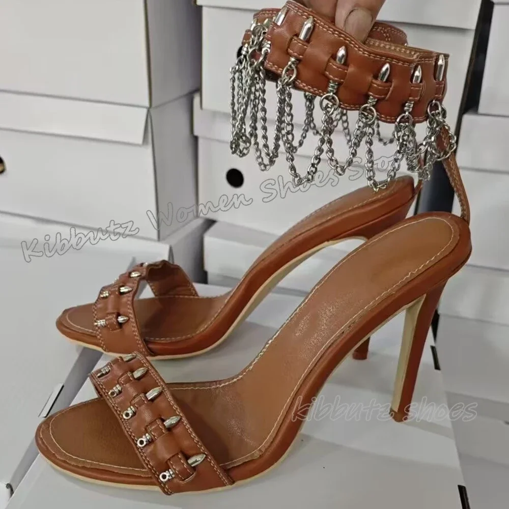 Metal Chain Buckle Strap Sandals Summer Fashion Elegant Novelty Sexy Women Party Dress Shoes Round Toe Thin Heels Leather Newest