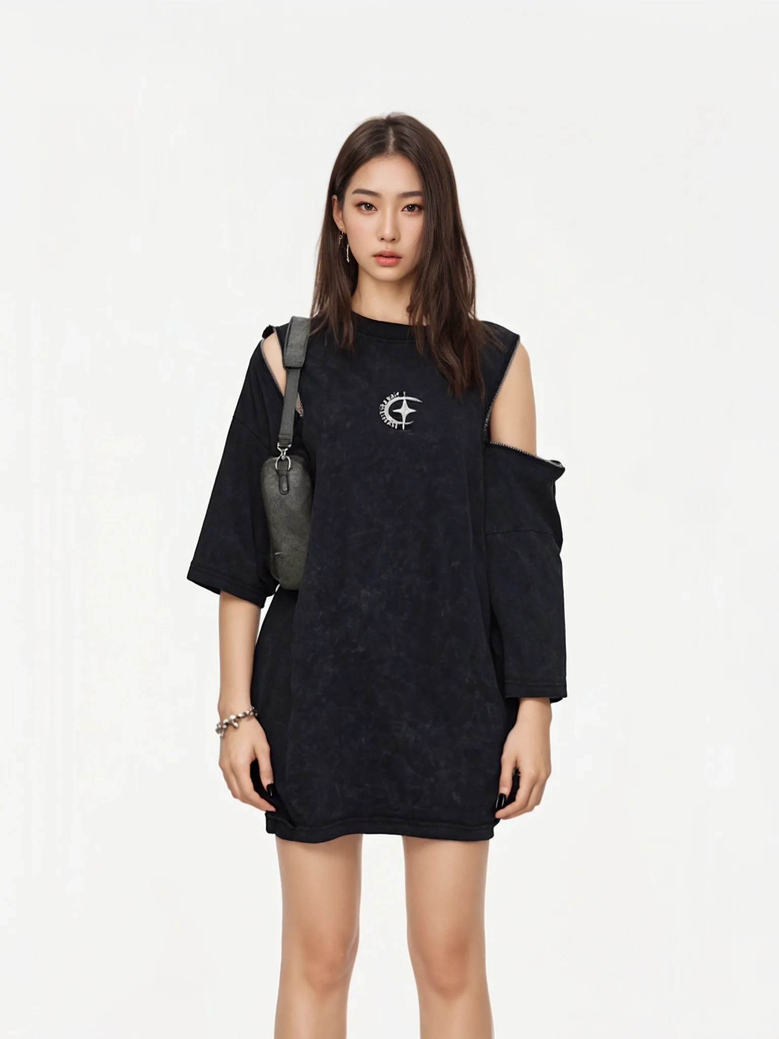 

Женская футболка Bla Waed Retro ort Sve средней длины с двойной молнией, свободного кроя, из смеси хлопка и полиэстера, летний топ