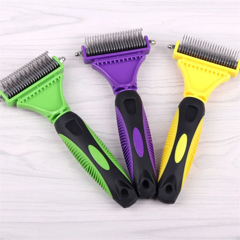 Pets Stainless Steel Grooming Brush Two-Sided Shedding and Dematting Undercoat Rake Comb for Dog Cat Pet Grooming Supplies