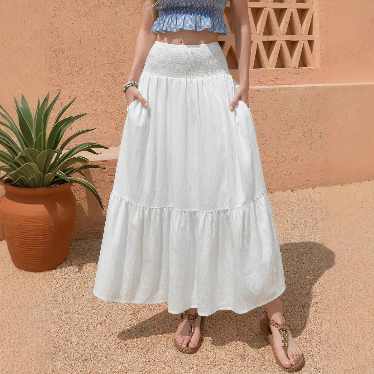 High Waist Elastic Long Skirt 2026 Color Pocket Design Polyester Fabric H-Shape Silhouette for Teenage Girls Travel Suitable