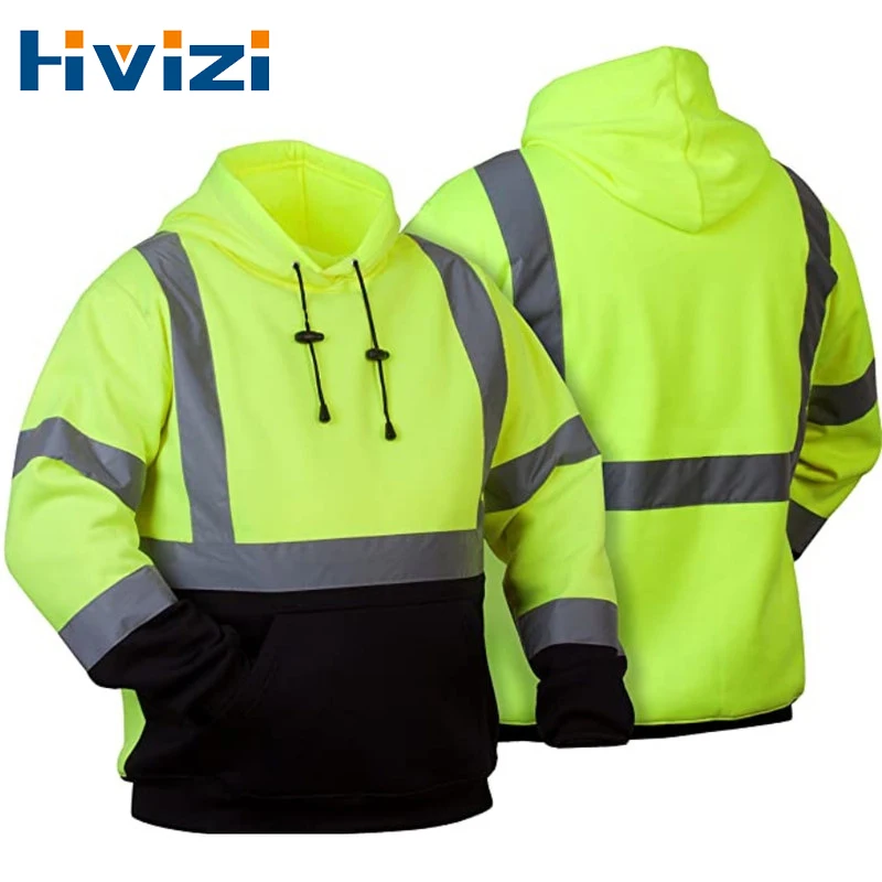 Reflective Stripe Hoodie Men Long Sleeve Zipper Hooded Sweatshirt Spring Autumn Safety Workwear Outwear with Pockets S-5XL