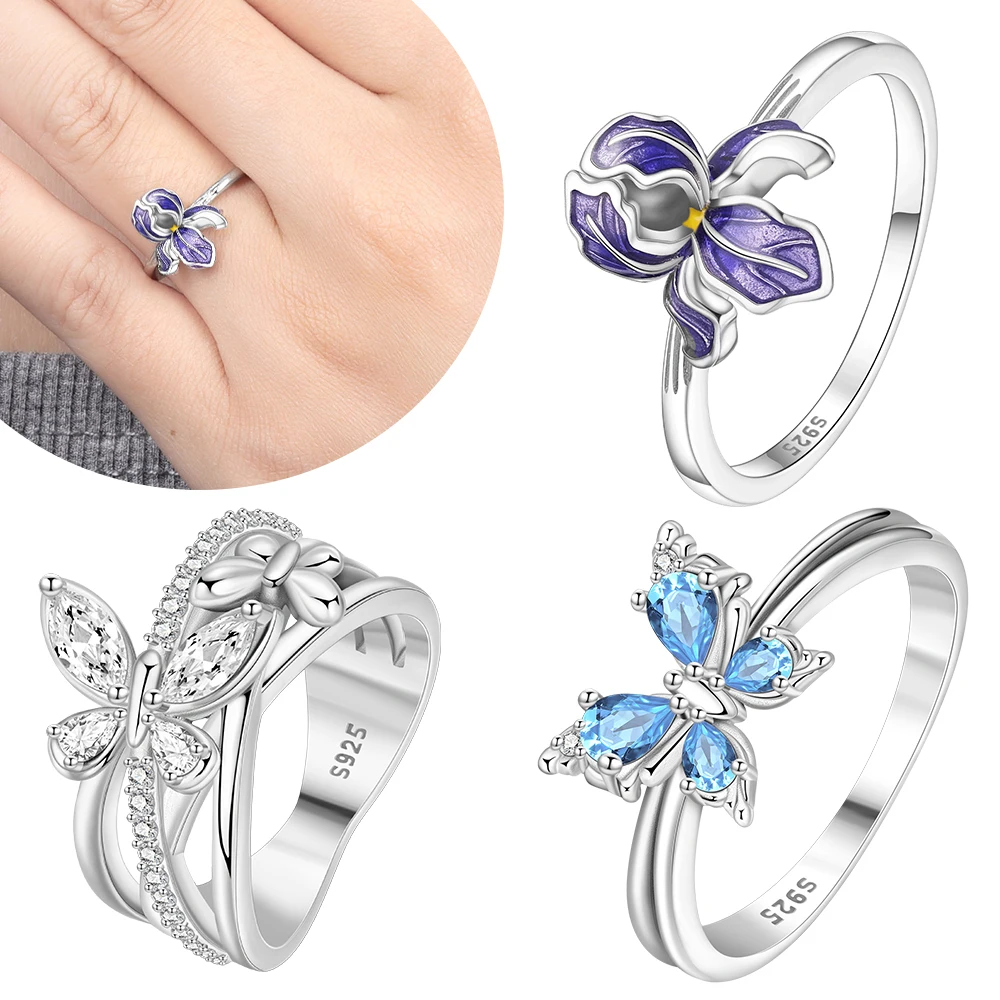 Original 925 Silver Purple Iris Flower Ring Blue Zirconia Exquisite Butterfly Ring Women Jewelry Accessory Anniversary Fine Gift