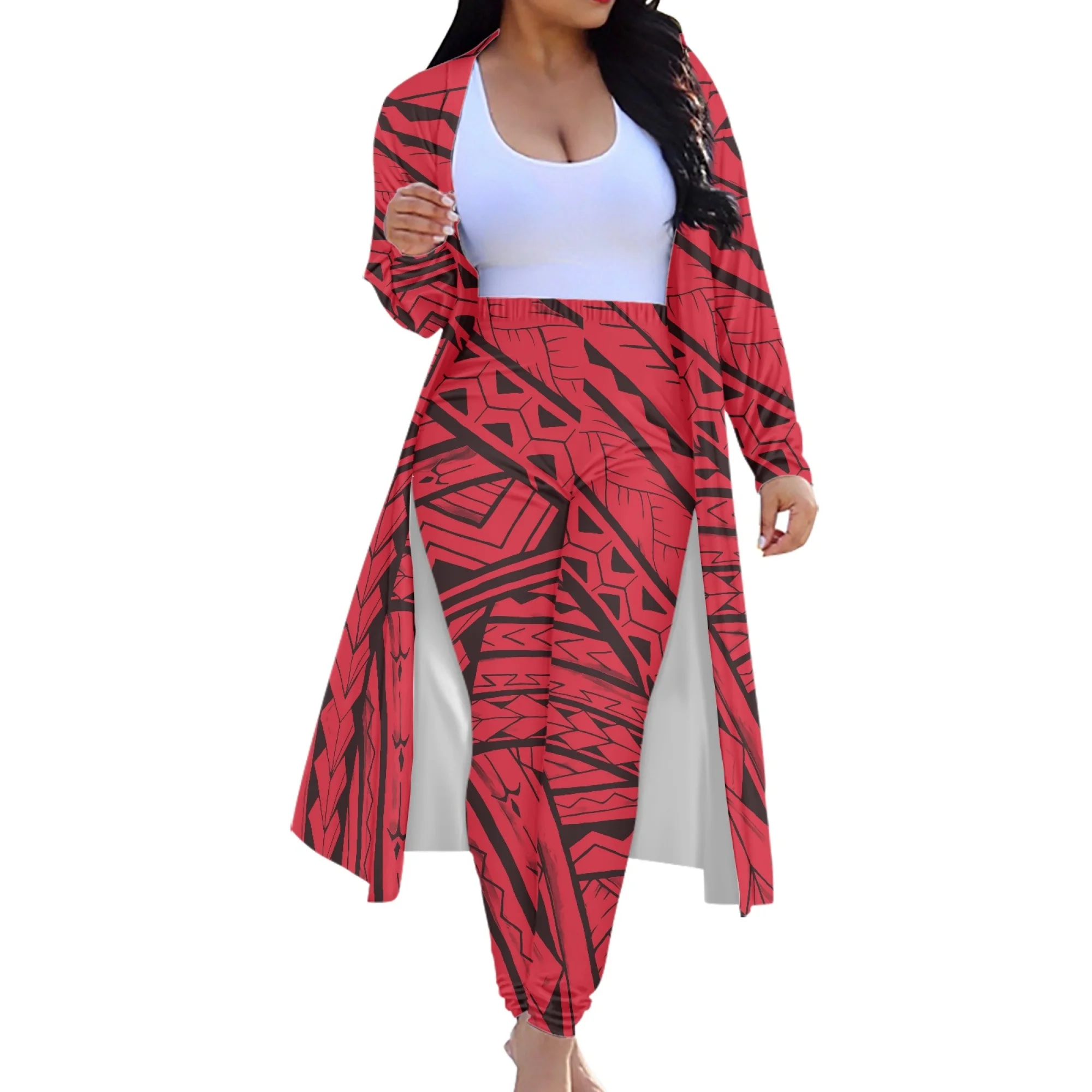 Pacific Island Art Print Custom Wholesale Women'S Wear Polynesian Tribal Ethnic Women Casual Long Sleeve Cape Coat Pant Suit