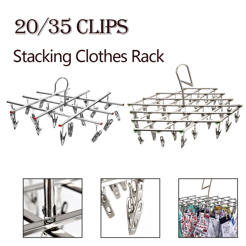 20/35 Clips Klappbarer Wäscheständer aus Edelstahl, winddichter Haken, Teleskop-Kleiderbügel für Socken, Unterwäsche, Babykleidung, Handtücher