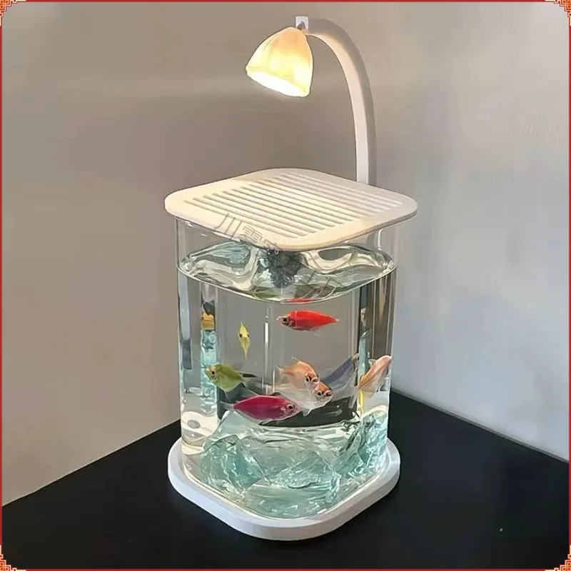 Tangki ikan Fighting Fish Special Ultra putih, tangki kaca malas kecil ruang tamu Dekorasi Desktop Kreatif lampu tampilan canggih