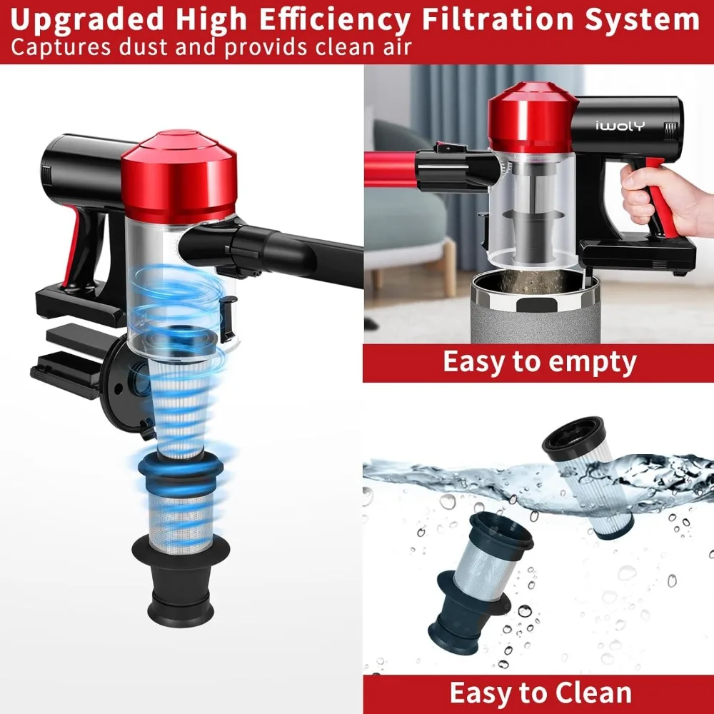 Cordless Vacuum Cleaner Rechargeable with 2200mAh Detachable Battery, 18000Pa Cyclone Vacuum with HEPA Filter