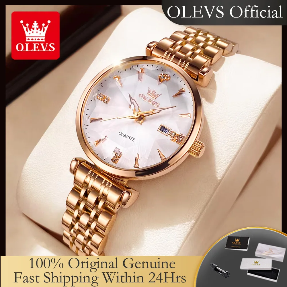 OLEVS 5536 Women's Quartz Watches Elegant Rose Gold Stainless Steel Waterproof Date Ladies Dress Wristwatch Luxury Diamond Watch