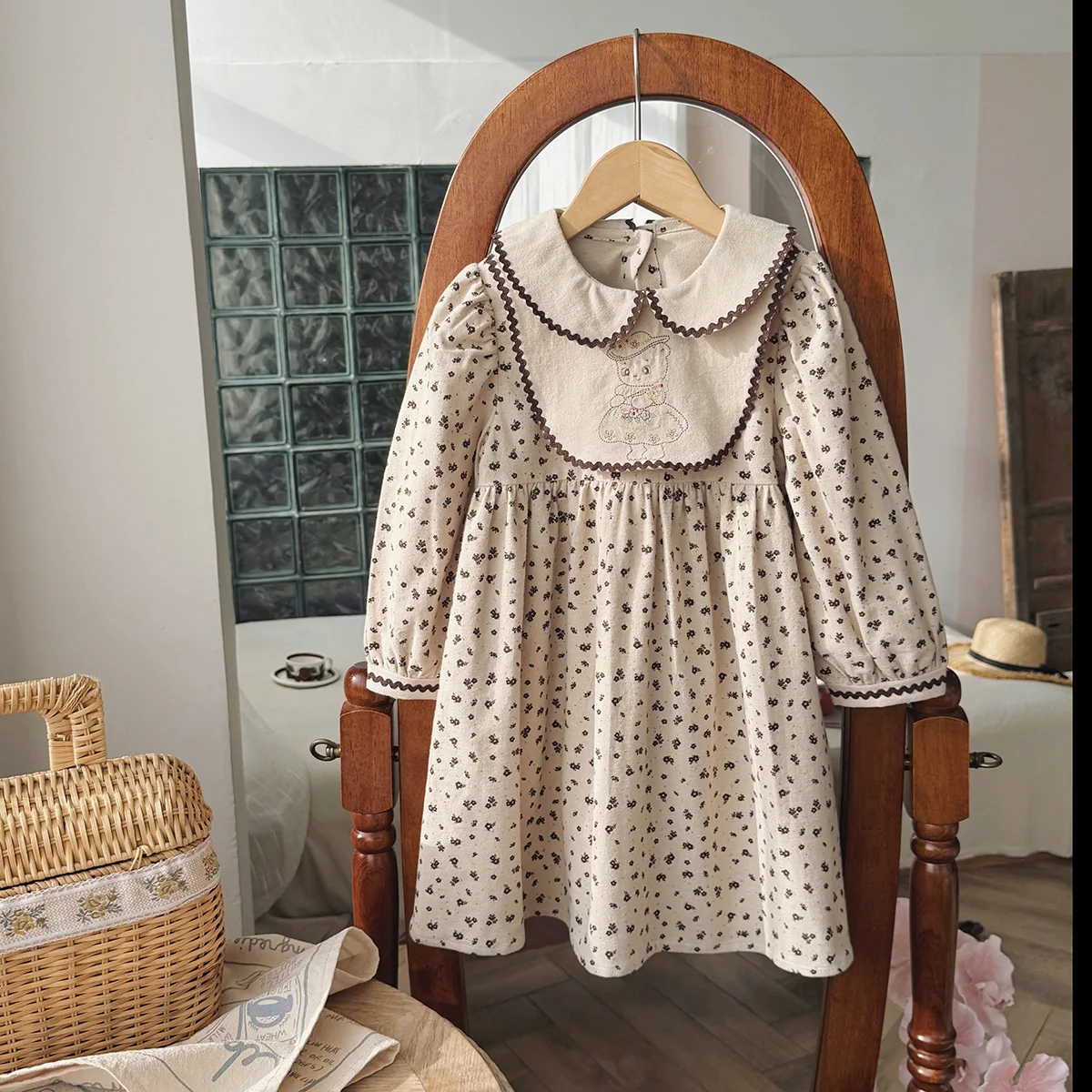 

Kids Clothes Spring 2026 Korean Style Doll Collar Embroidered Bear Dress for Girls Long Sleeve Color Block Cute Children's Skirt