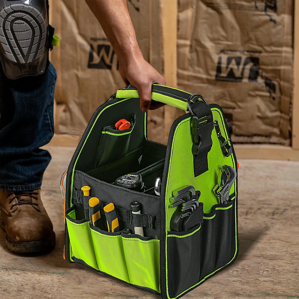 Guliter 11 Inch Small Tool Bag – Open Top Tote, 21 Pockets, Stainless Steel Handle, Adjustable Shoulder Strap, 1680D Oxford Cloth, For Electricians, Plumbers, Woodworkers