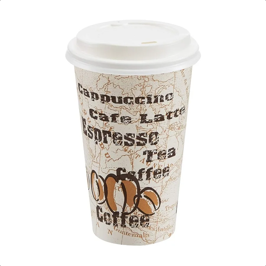 

Basics To Go Hot Paper Coffee Cups with Lids 16 oz Cafe Design 100Count