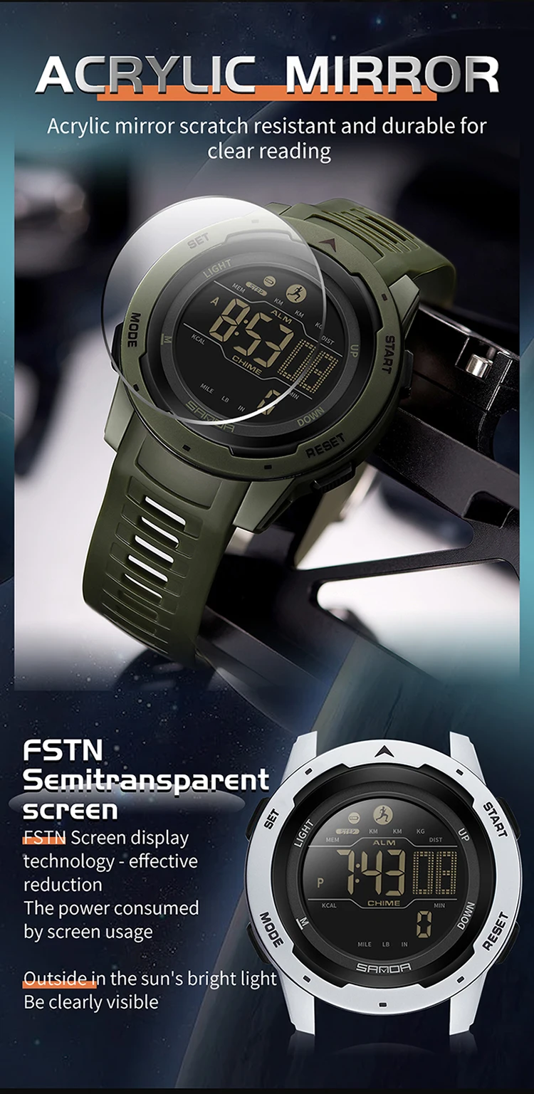SANDA 2145 Herren-Sportuhr, Schrittzähler und Kalorienzähler, 50 m wasserdichte LED-Digital-Militärarmbanduhr, Relogio Masculino – Detail 11