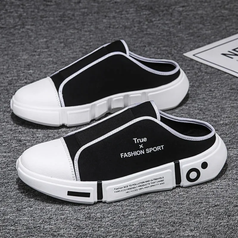 2026 Summer Half Canvas Slippers Korean Men'S Shoes Breathable Summer Shoe White Casual Men Sandals Women Board Backless Mules