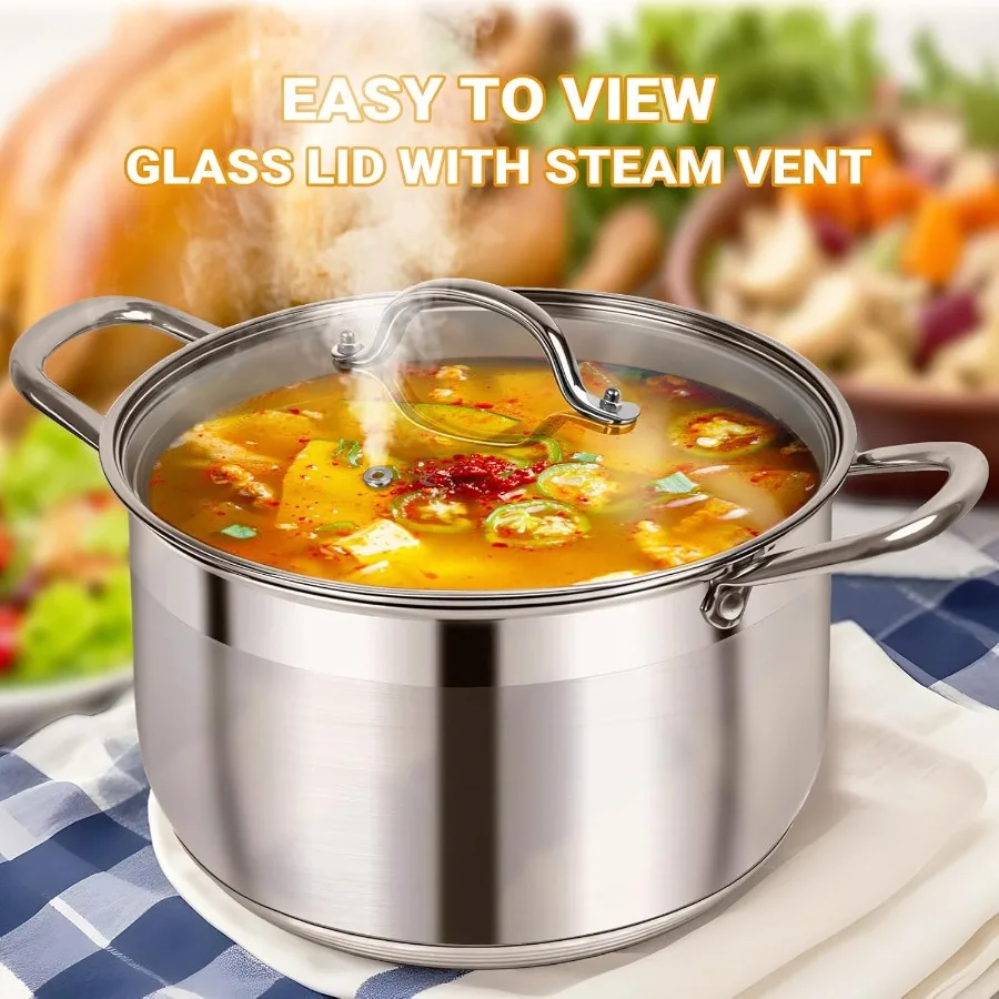 8 Quart Heavy Duty Stainless Steel Stock Pot with Visible Lid for Pasta Soup Spaghetti Nonstick Thick Bottom Cooking Vessel Ide