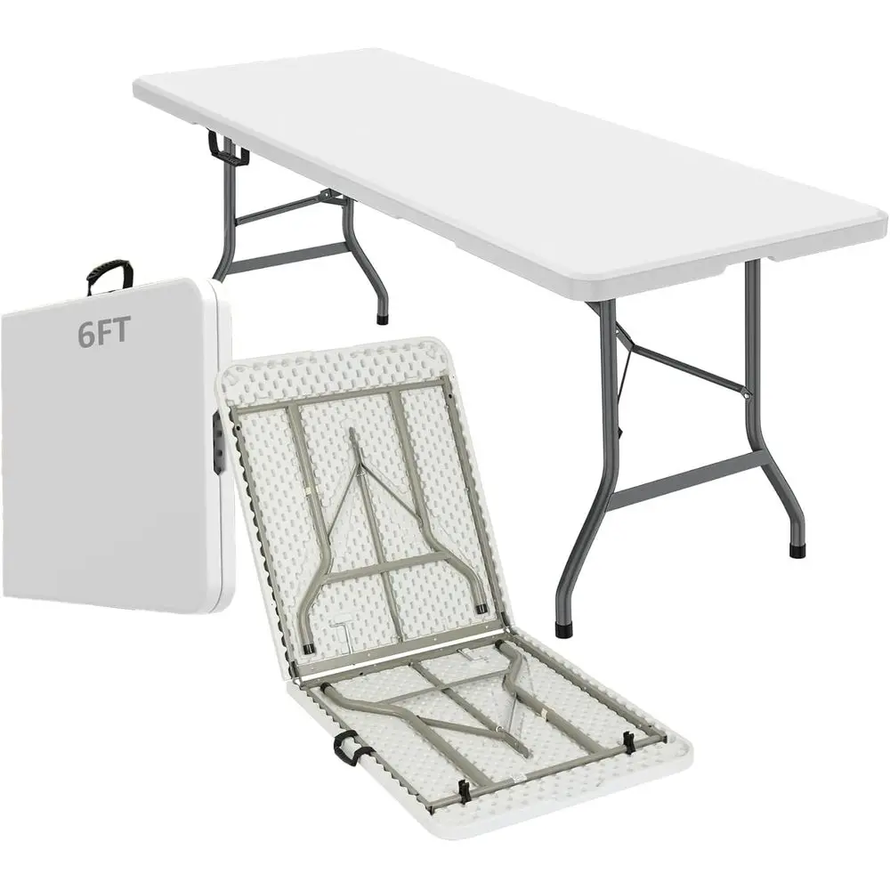 Mesa Plegable Portátil de 6 pies, Mesa de Comedor de Plástico Blanca, Diseño Interior y Exterior para Fiestas, Barbacoas y Uso Diario en Campamentos